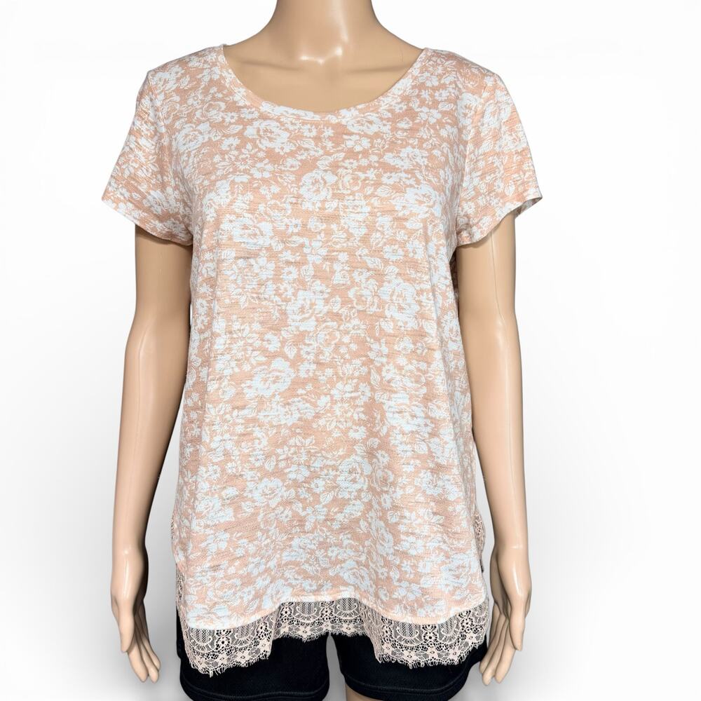 LC Lauren Conrad Womens Knit Shirt Blouse Top Floral Lace Trim Tie Back Pink Med